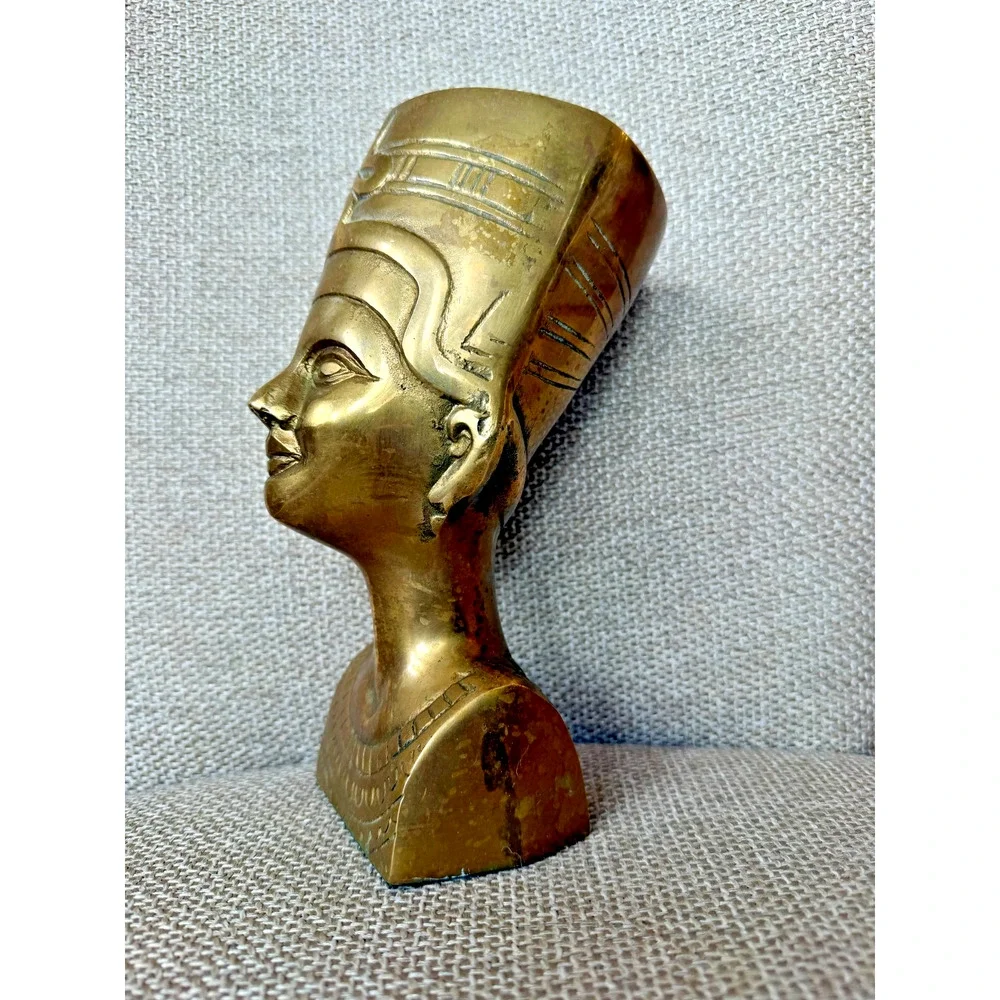 Vintage 1970s Brass Nefertiti Bust Egyptian Revival Statue 9